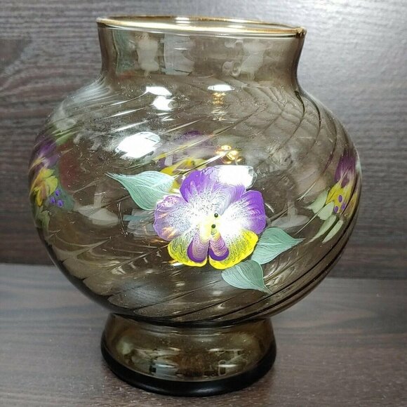 Hand Painted Floral Swirl Ribbed Gold Rim Brown Glass Vase Vintage Local Artist - Picture 1 of 8